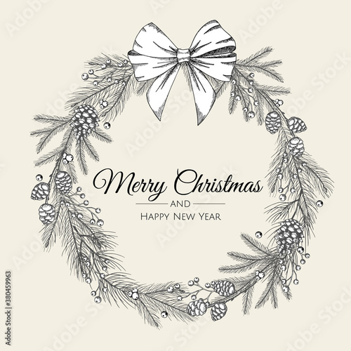 Hand drawn Christmas wreath of tree with white bow. Vector holiday illustration.