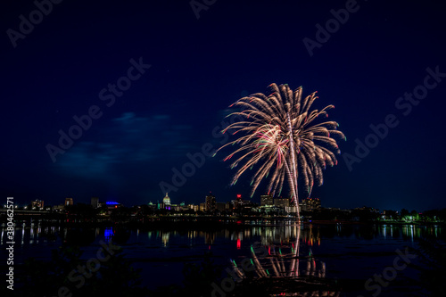 Harrisburg's 104th Kipona Festival 2020 - fireworks are set off from City Island. Here is a view of them and Riverfront Park from across the Susquehanna River. 