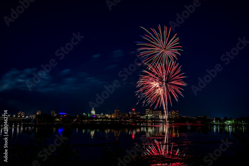 Harrisburg's 104th Kipona Festival 2020 - fireworks are set off from City Island. Here is a view of them and Riverfront Park from across the Susquehanna River.  © Rose Guinther