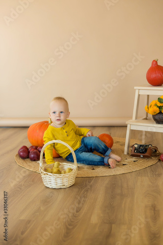 A little boy sits among pumpkins with a basket of ducklings photo