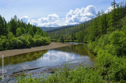 Untouched nature  peace and tranquility on the mountain river. Headwaters of the Niman river   Bureya river tributary  . Khabarovsk Krai  Bureya Nature Reserve. Far East  Russia.