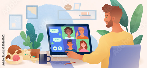 Virtual group meeting being held via video conference from home. Man using laptop computer chatting with colleagues online in cozy home office with cat, coffee and plant. Vector illustration.