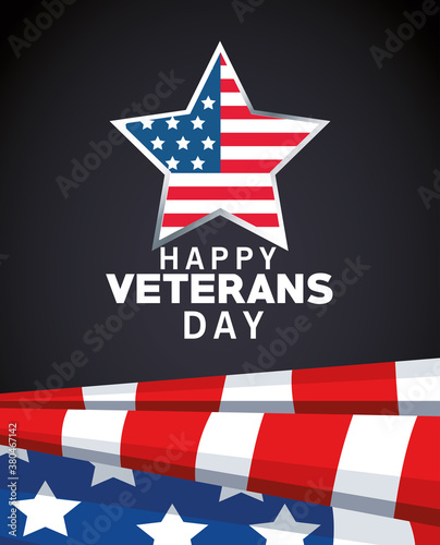 happy veterans day lettering with usa flag in star black background