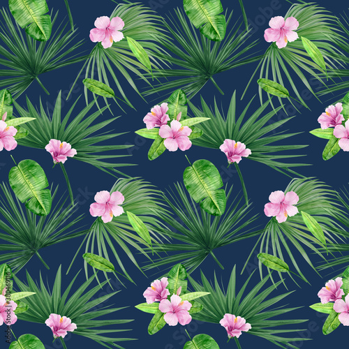 Watercolor illustration seamless pattern of tropical leaves and flower hibiscus. Perfect as background texture  wrapping paper  textile or wallpaper design. Hand drawn