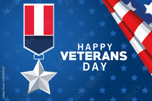 happy veterans day lettering with usa flag medal in blue background