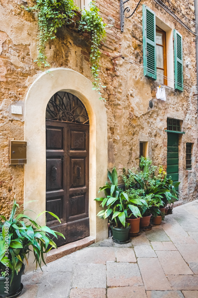 Wooden Doors and Potted Plants in an Old Tuscan Town Wooden Doors and Potted Plants in an Old Tuscan Town