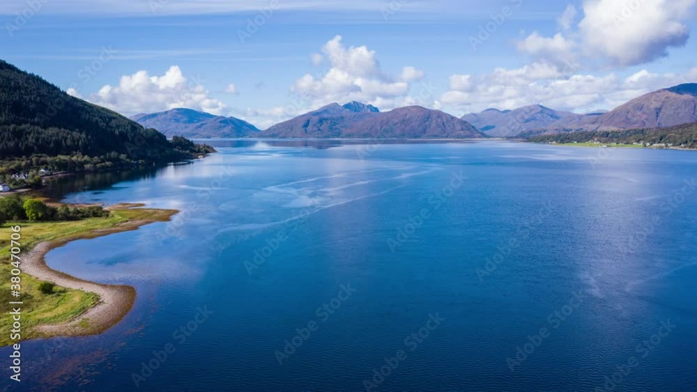 aerial view of loch linnhe in summer near duror and ballachulish and glencoe in the argyll region of the highlands of scotland showing blue water and green fertile coast line aerial view of loch linnhe in summer near duror and ballachulish and glencoe in the argyll region of the highlands of scotland showing blue water and green fertile coast line