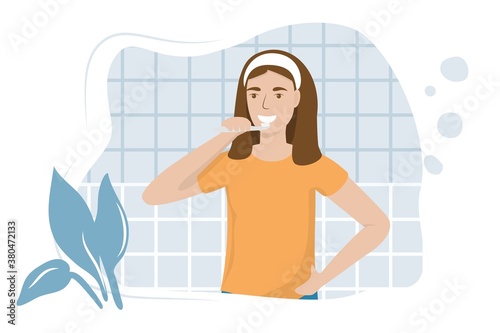 Young woman brushing teeth with a toothbrush vector illustration in flat How to brush teeth correctly Oral hygiene and dental procedures concept