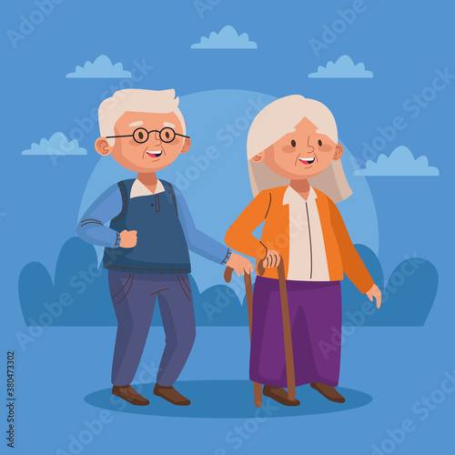 old couple walking with cane active seniors characters
