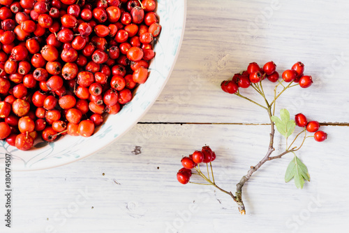 Red hawthorn berries in bowl with hip branch photo