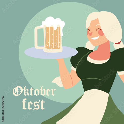 oktoberfest woman cartoon with traditional cloth and beer vector design