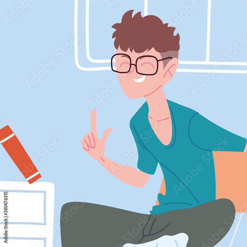 man working remotely from her home