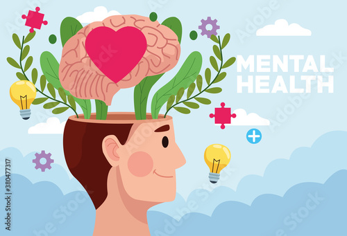 mental health day man profile and heart in brain with icons photo