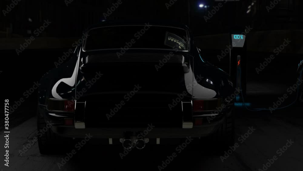 3D Model Detailed Silhouette of Autonomous Electric Car Charging. Blue Supercar Made of Blue Lines. Racing into the Light	