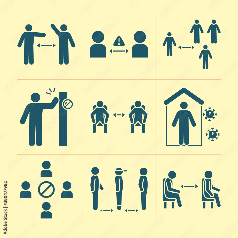 pictogram people and social distance icon set, yellow style pictogram people and social distance icon set, yellow style