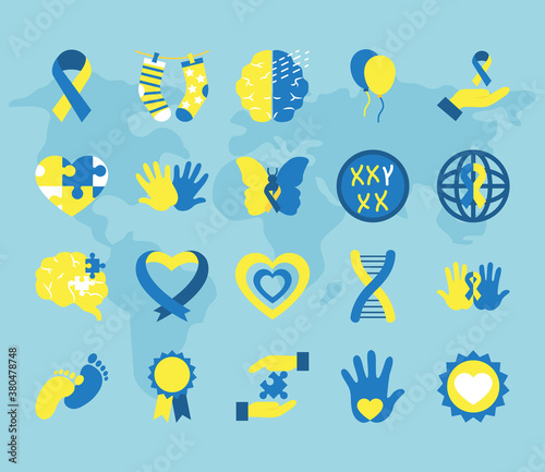 ribbon and down syndrome icon set, flat style