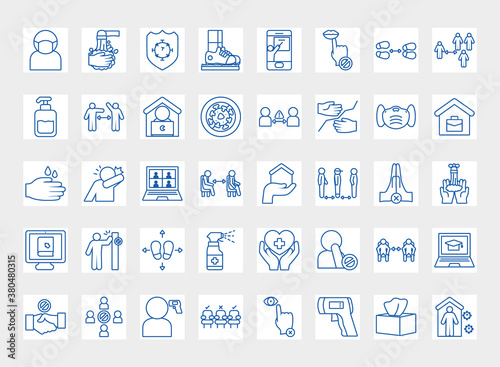 new normality and social distance icon set, line style photo