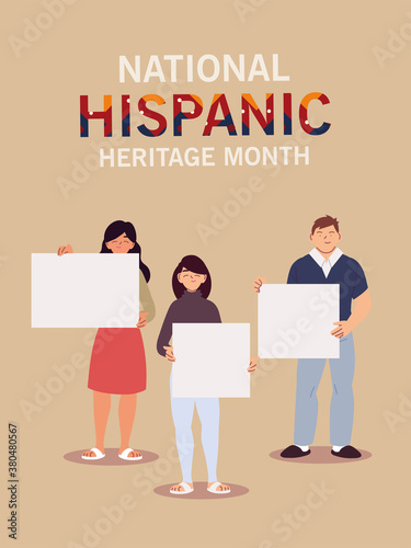 national hispanic heritage month with latin women and man with banners vector design