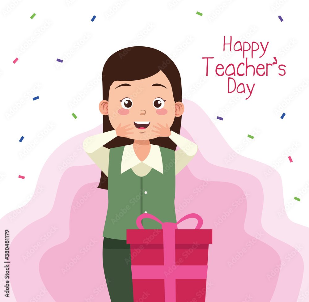 teacher woman with teachers day lettering and gift teacher woman with teachers day lettering and gift