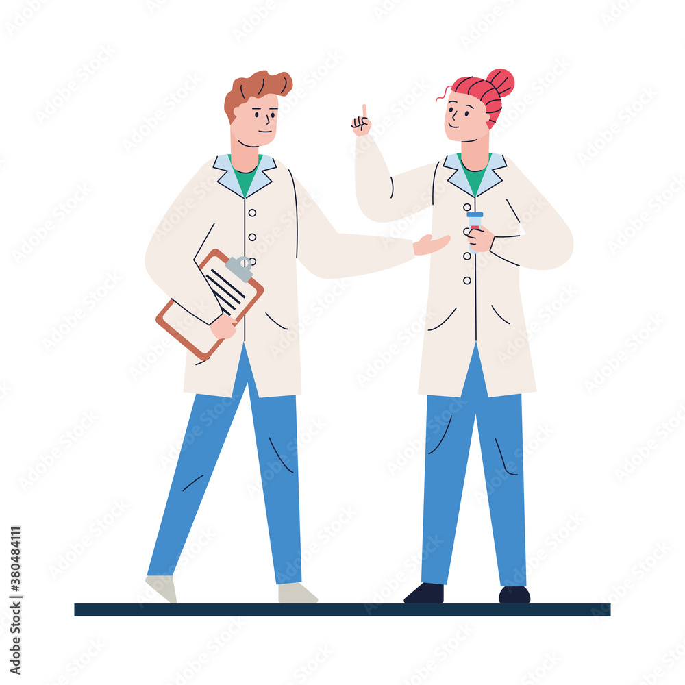 young doctors couple with checklist avatars characters young doctors couple with checklist avatars characters
