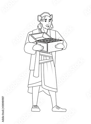Christopher Columbus lifting treasure chest character