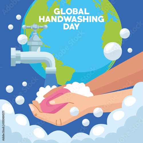 global handwashing day campaign with hands and soap bar in earth planet