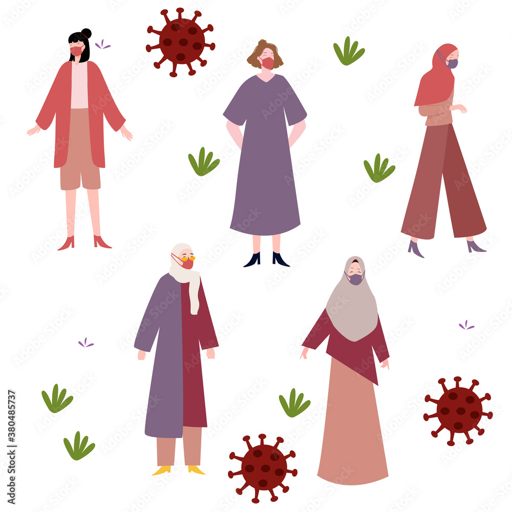 Women wearing mask character set collection protection coronavirus pandemic with flat cartoon style Women wearing mask character set collection protection coronavirus pandemic with flat cartoon style