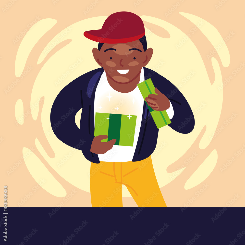 black boy cartoon opening gift vector design