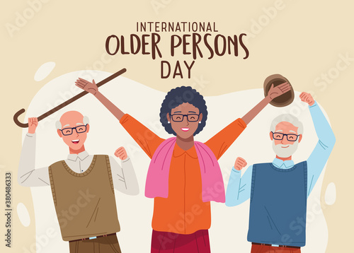 international older persons day lettering with old people group