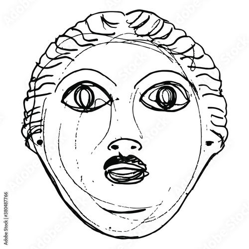 Ancient Greek female mask. Face of a woman or goddess. Hand drawn linear doodle ink sketch. Black silhouette on white background.