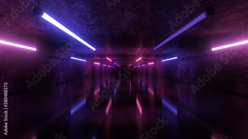 Flashing Neon Lights Tubes in Concrete Tunnel Rave Glow Reflections - Abstract Background Texture
