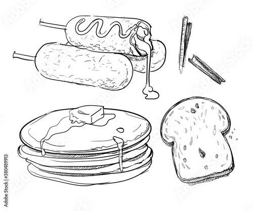 Corndog bread slice pancake honey hand drawn sketches white isolated background