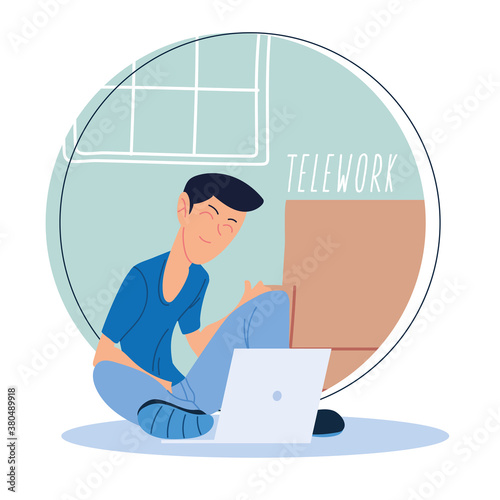 man working remotely from her home, telework