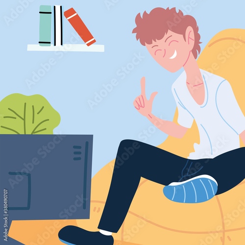 man working remotely from her home