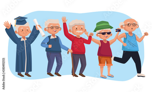 old people group active seniors characters