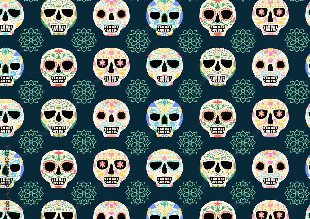 メキシコ　死者の日　シームレスパターン　背景　Day of the Dead seamless vector pattern sugar skulls  flowers background