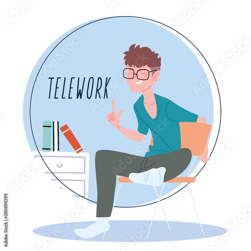man working remotely from her home, telework