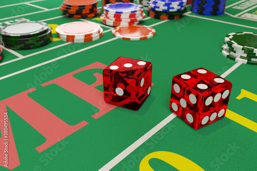 Close up of dice on a craps table. Gambling concept. 3d illustration.