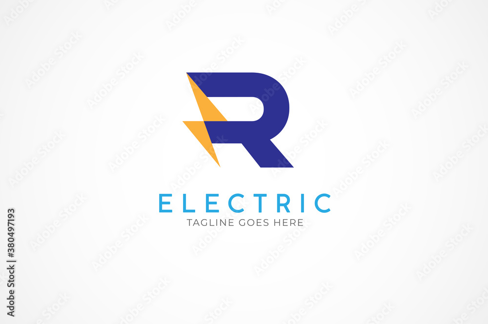 initial letter R for Electric logo, Letter R and thuder bolt combination, Flat Logo Design Template, vector illustration