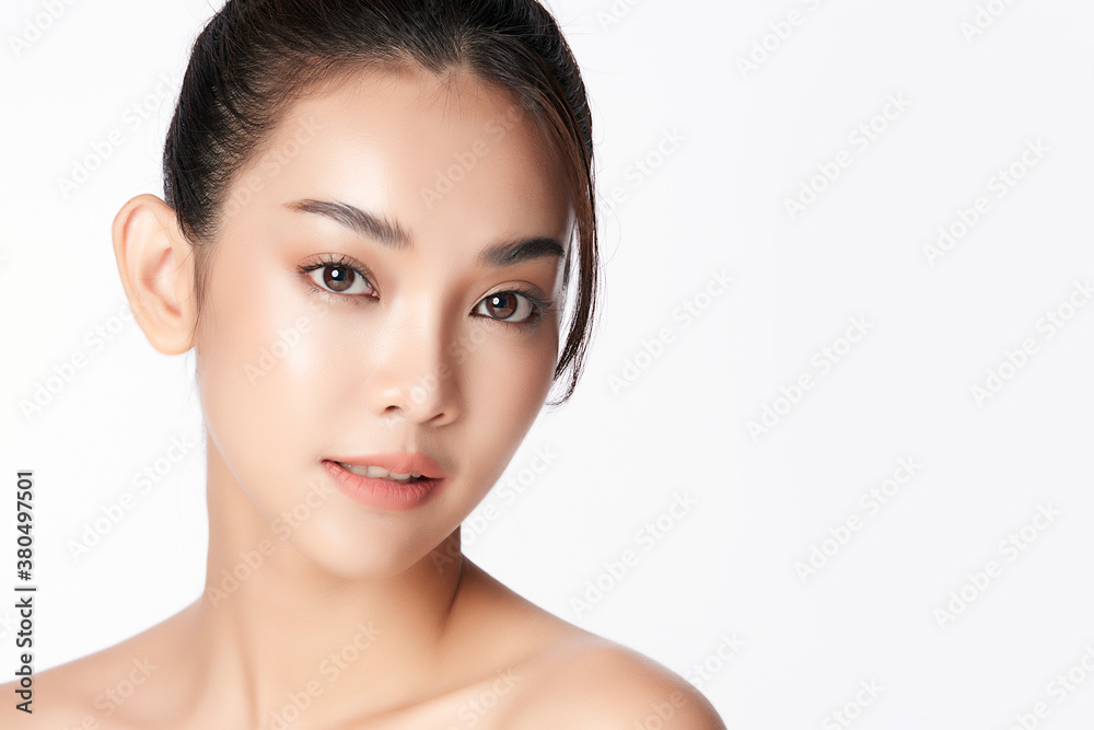 Fototapeta premium Beautiful young asian woman with clean fresh skin on white background, Face care, Facial treatment, Cosmetology, beauty and spa, Asian women portrait