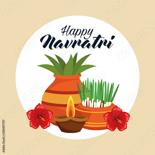 happy navratri celebration card with houseplants and candles