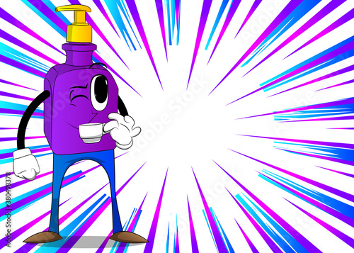 Cartoon bottle of hand sanitizer gel for hygiene with face drinking coffee.