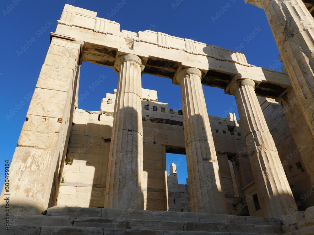The monumental gateway to the ancient Acropolis of Athens, or Propylaea, in Greece