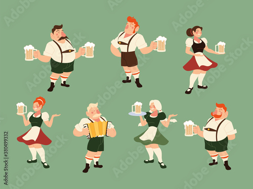 oktoberfest men and women with traditional cloth and beer vector design