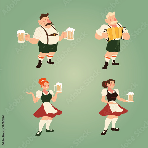 oktoberfest men and women with traditional cloth and beer vector design