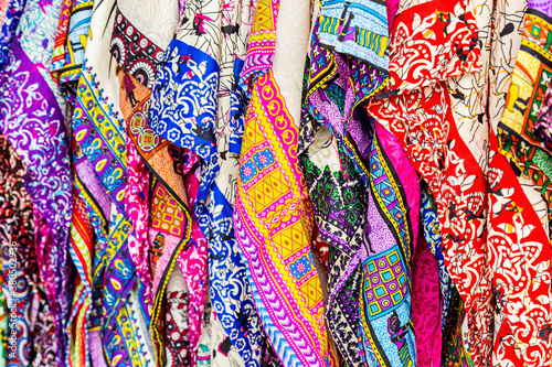 Beautiful patterned on the Thai style garment, batik and clothing for sale at the market.