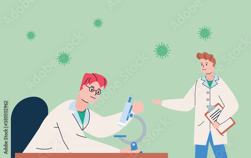 male scientifics with microscope research vaccine