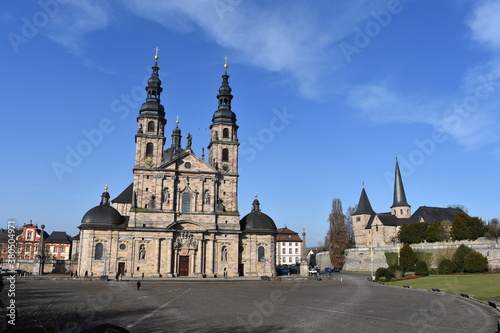 Fulda Dom and Michaelskirche, Fulda Dom Platz, cathedral, Germany, Fulda, Old, travel, sightseeing, achitecture, church, blue sky, clouds, town square, stone buildings © Paul