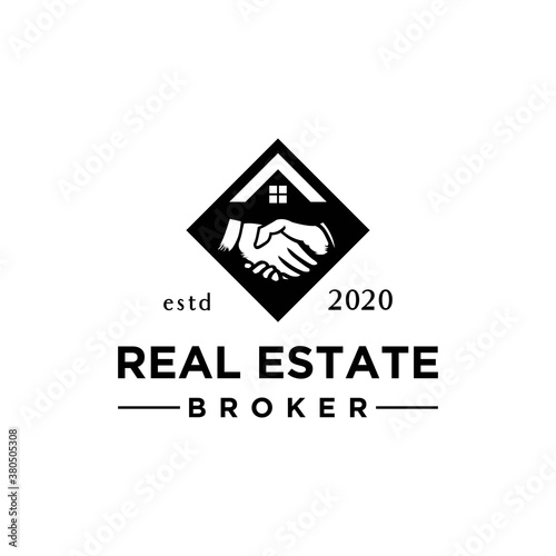 real estate broker logo design vector, with roof and handshake concept