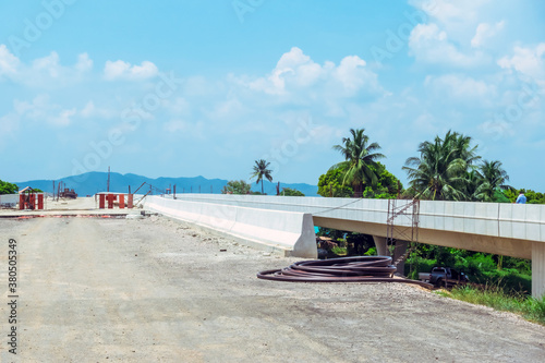 Unfinished of construction of the large concrete bridge of the motorway elevation for the development of travel from Thailand to Dawei in Myanmar.